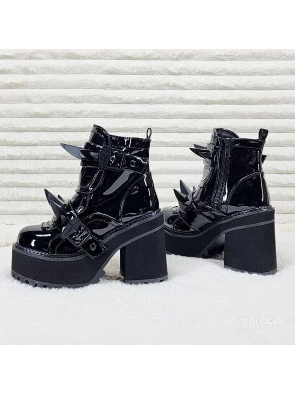 NIB DEMONIA Assault Black Patent Claw Spiked Platform Ankle Boots Goth